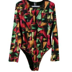 Fashion Nova Miami Art Long Sleeve One Piece Swimsuit Red Combo Geometric 3X NEW